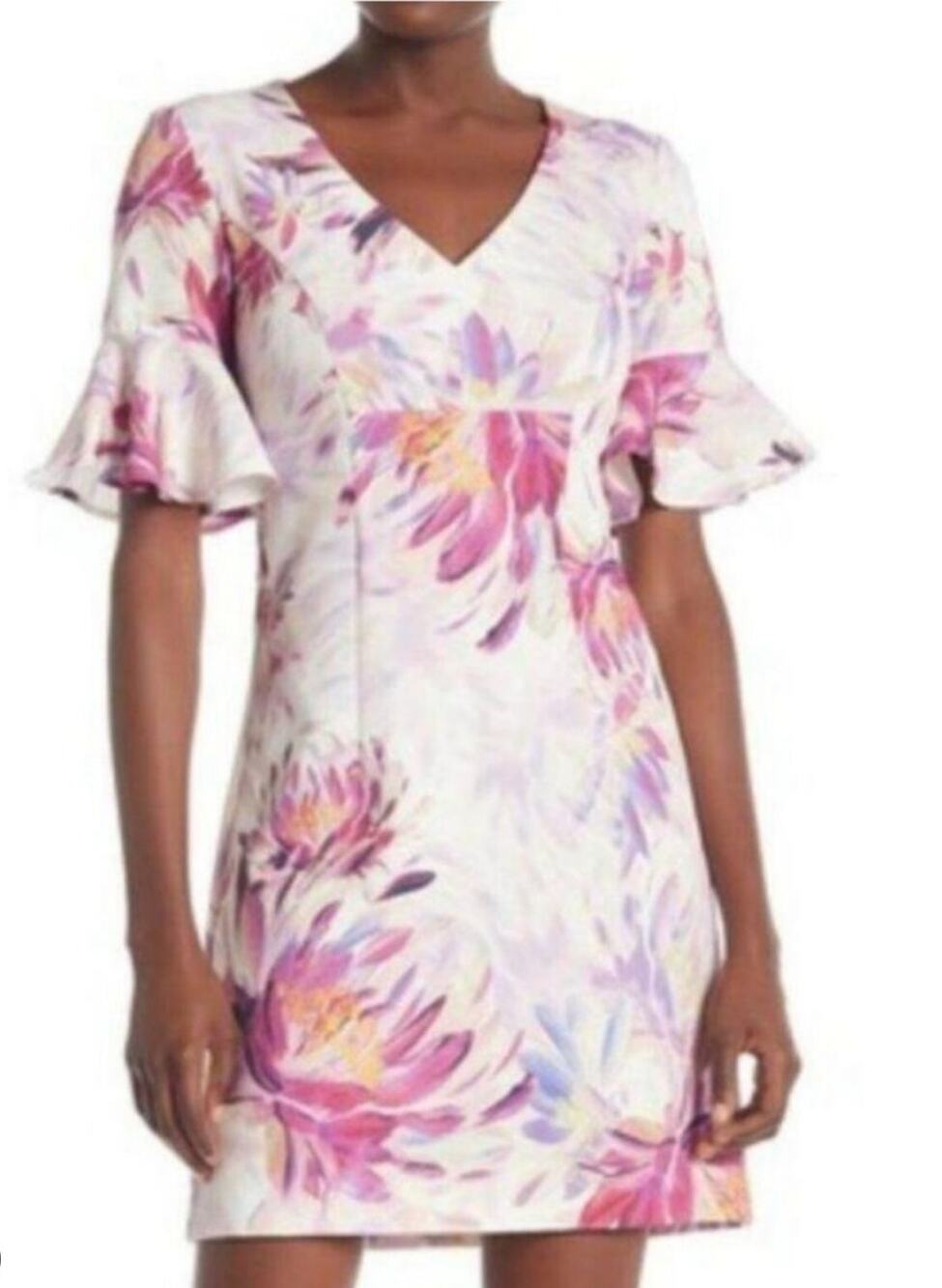 Trina Turk Watercolor Floral Ruffle Bell Sleeve Sheath Dress Size 8